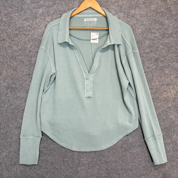 Free People We The Free Anakin Thermal Waffle Henley Top Large V Neck Knit Blue - Picture 2 of 13